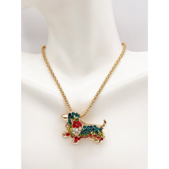 Betsey Johnson Multicolor Pave Crystal Dachshund Wiener Dog Pendant Necklace - Picture 1 of 8